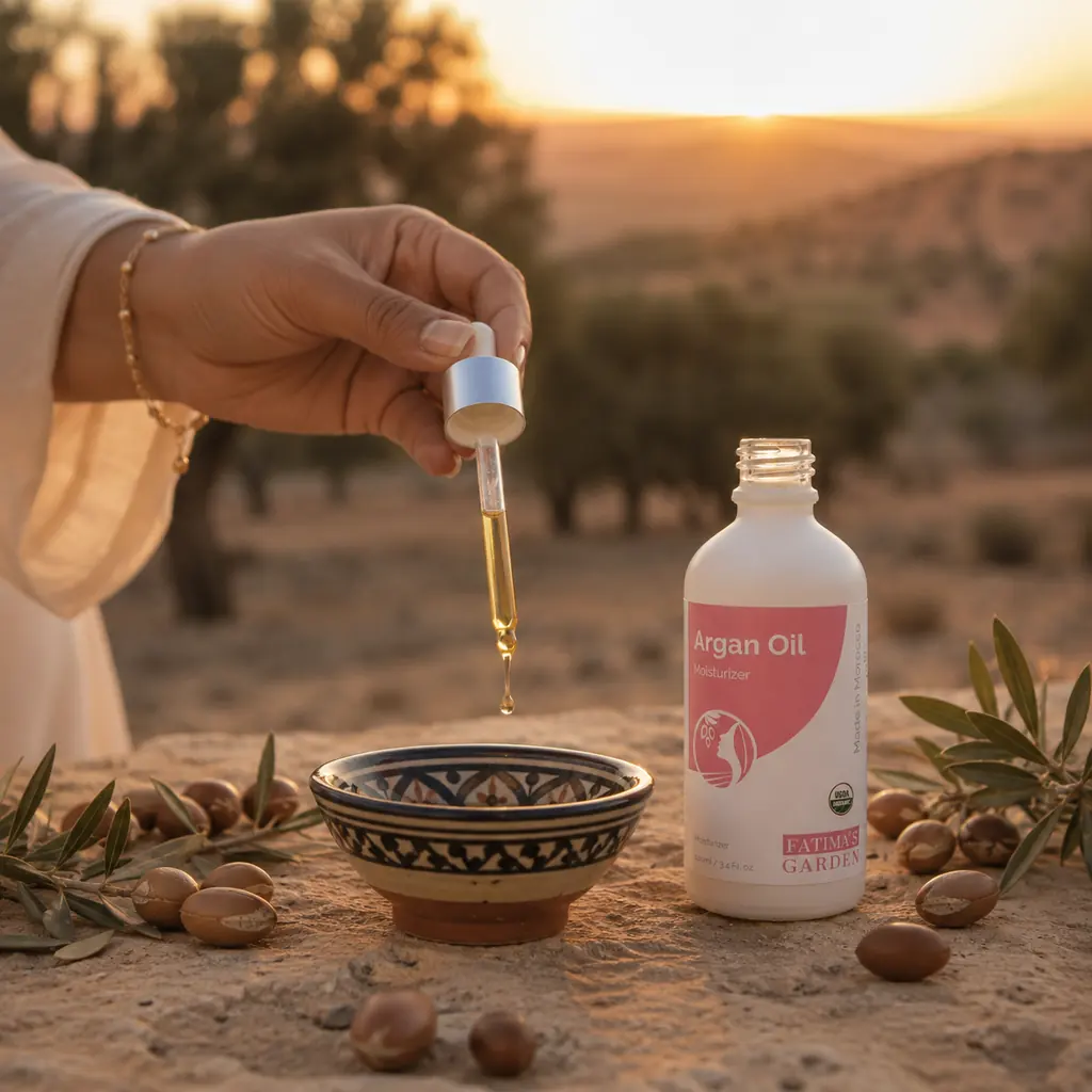 A hand pouring Fatima's Garden argan oil into a bowl at sunset in the argan forest